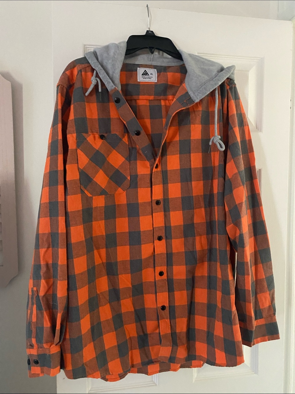 Men's Orange & Gray Plaid Hooded Button-Down Shirt